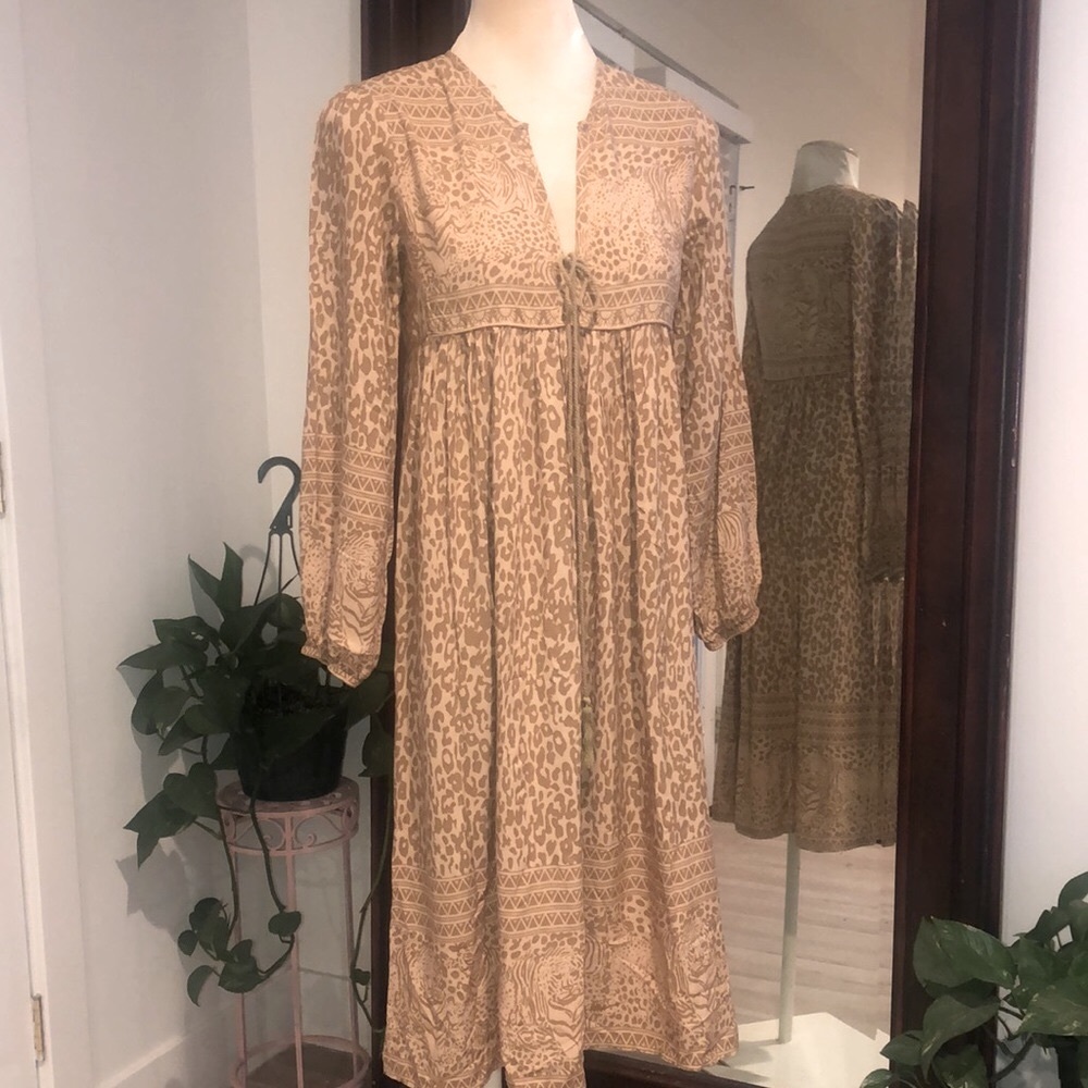 Vintage Wild Thing Animal Safari Print Boho Midi Dress Like Spell Neutral Tan